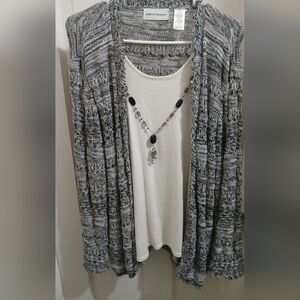 Alfred Dunner Black, White And Siver Cardigan Sweater With Detachable Necklace
